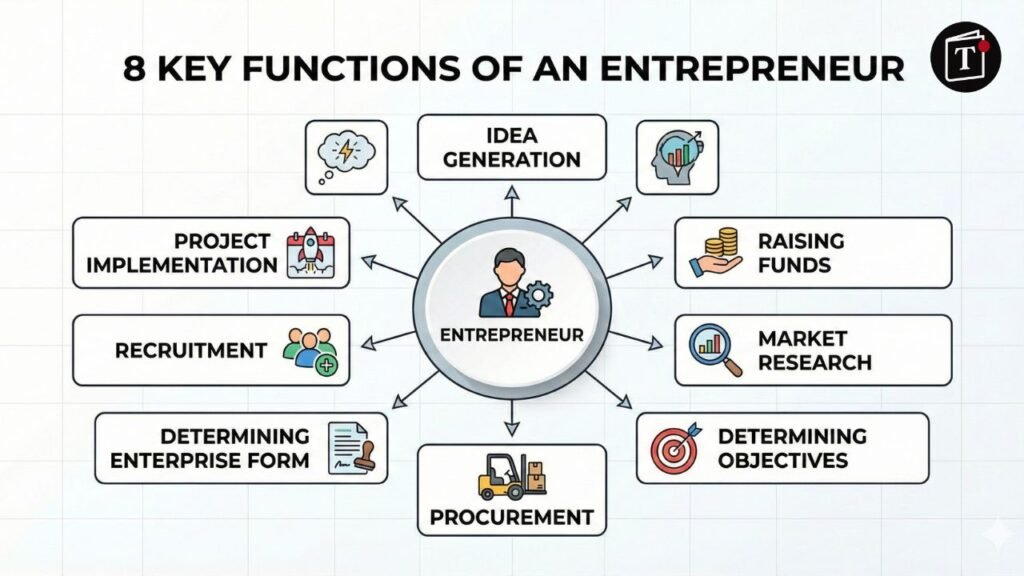 8 key functions of an entrepreneur including idea generation and fund raising